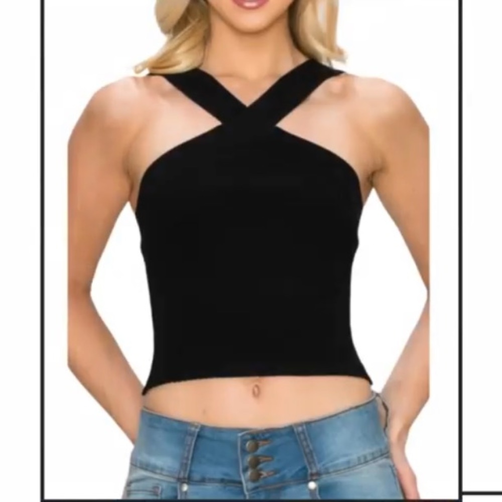 Black Ribbed Statement Neckline Tank Top - Picture 2 of 7